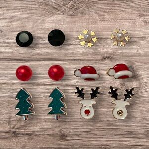 Cute Christmas Stud Earrings Set Of 9 Reindeer Christmas Tree Snowflake